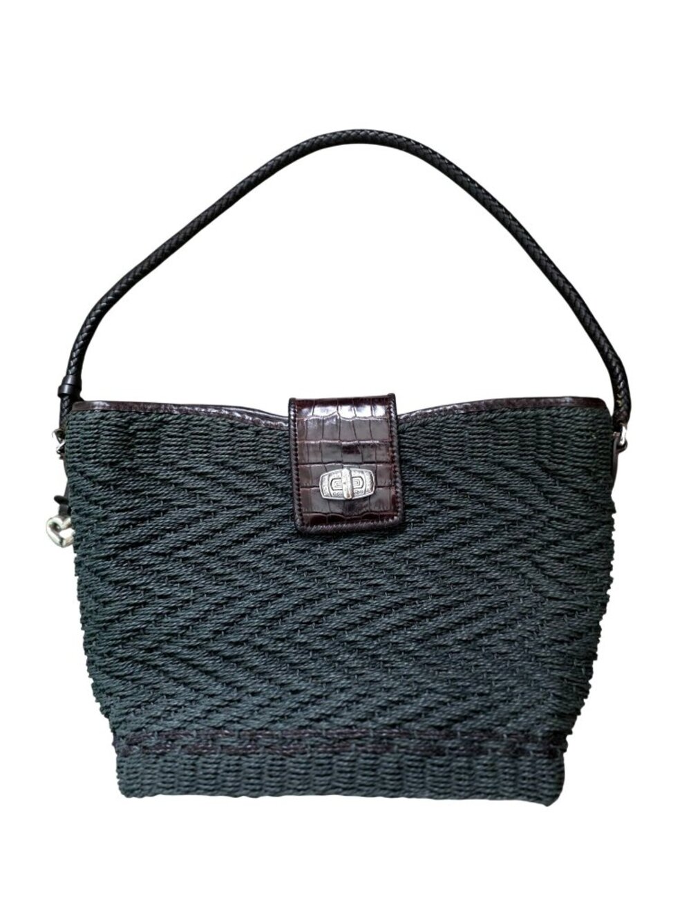 Vintage Brighton WENDY Dark Gray Woven Shoulder Bag w/ Croc Embossed Trim